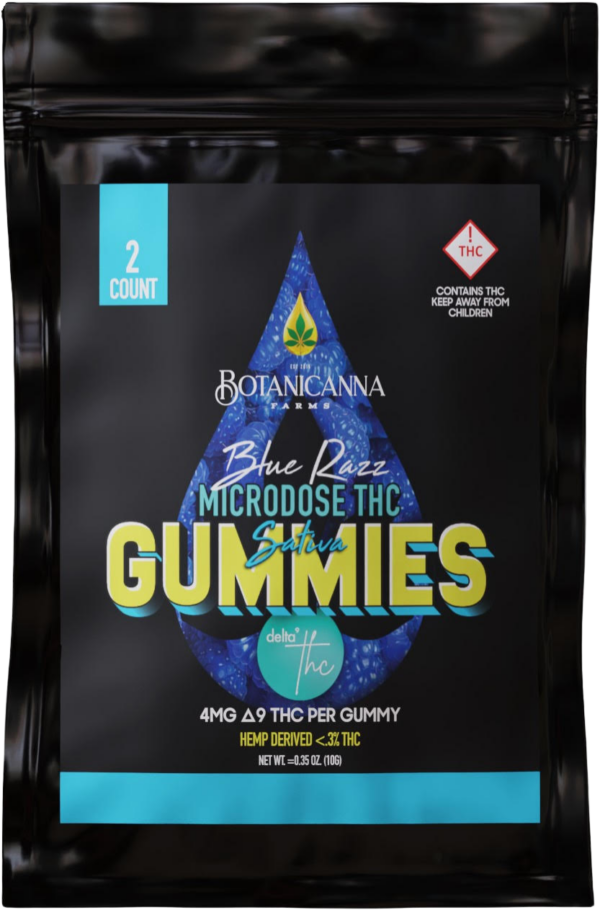 Buy 1 Get 1 FREE (IOWA COMPLIANT) Botanicanna D9 THC 4mg SATIVA Blue Razz Microdose Gummies 2ct