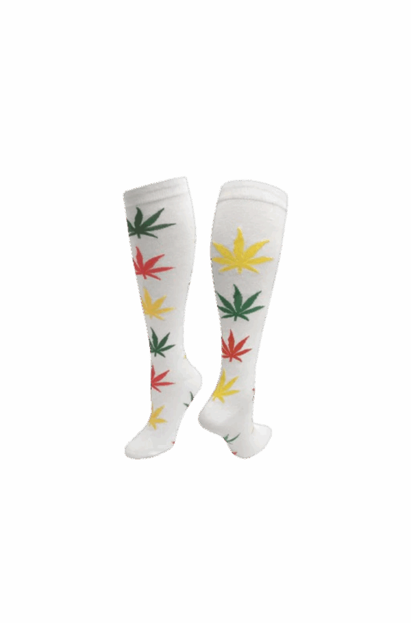 Julietta Fashion Knee High Socks White w/ Rasta Cannabis Leaves