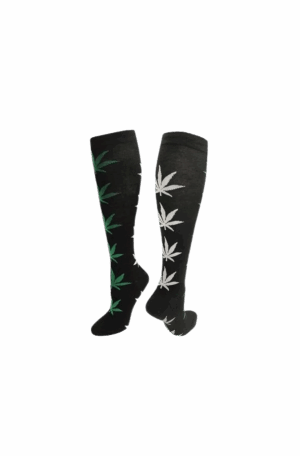 Julietta Fashion Knee High Socks Black w/ Green/White Cannabis Leaves
