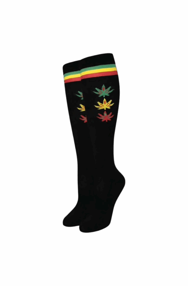 Julietta Fashion Over The Knee High Socks Black w/ Rasta Cannabis Leaves