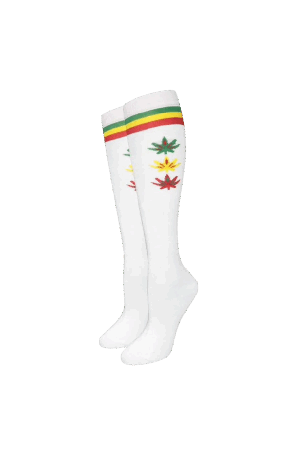 Julietta Fashion Over The Knee High Socks White w/ Rasta Cannabis Leaves