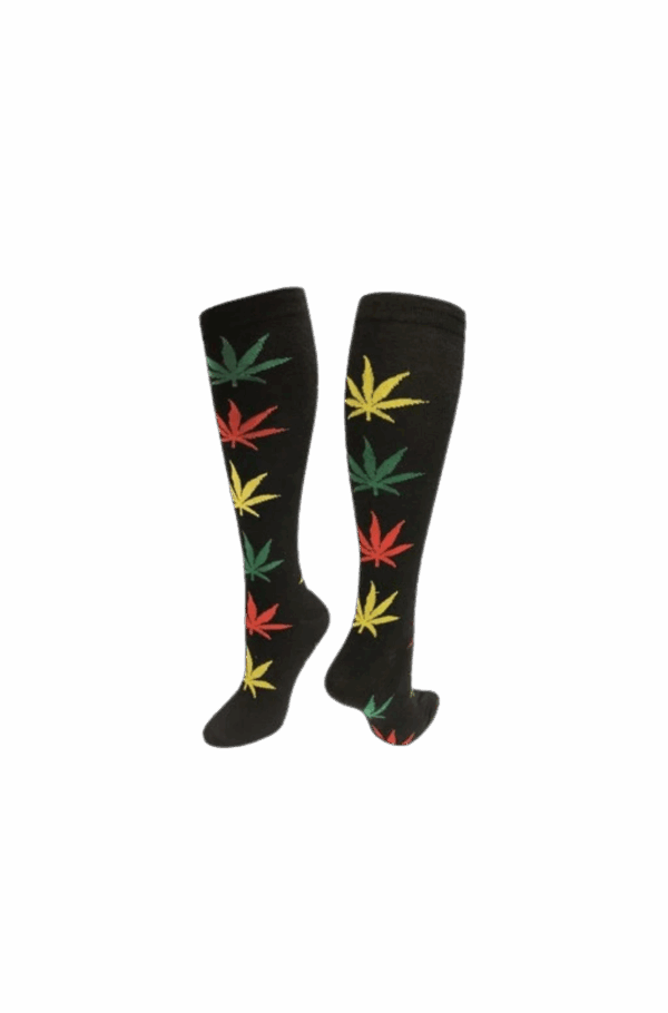 Julietta Fashion Knee High Socks Black w/ Rasta Cannabis Leaves